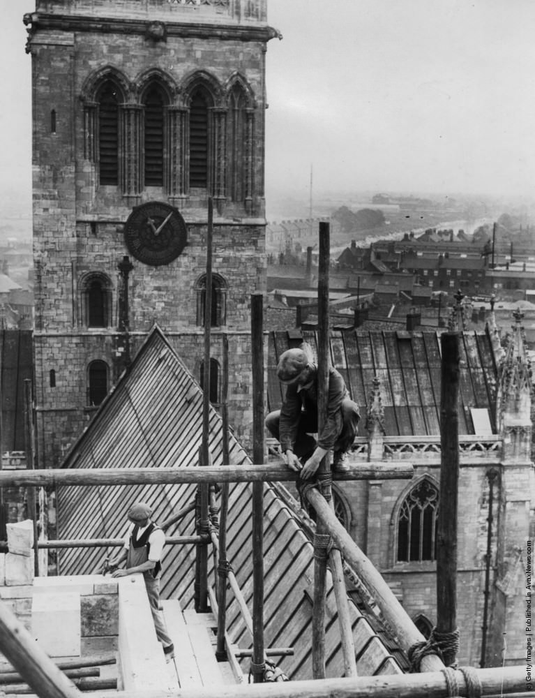New West Towers being finished at Selby Abbey in Yorkshire, 1935.
