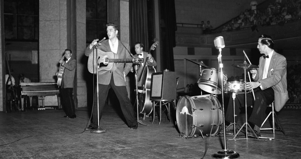 Elvis performing at Ellis Auditorium, Memphis, 1956.
