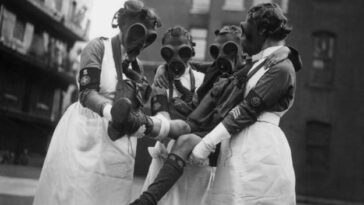 People wearing Gas mask 1920s 1930s