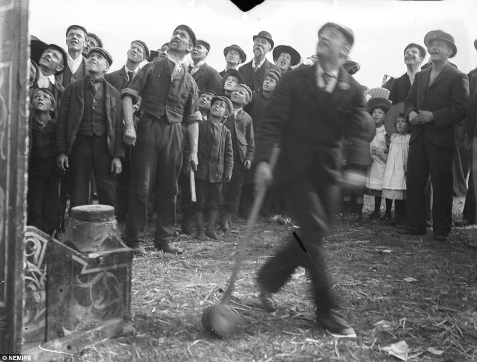 A doughty competitor tests his strength at the Temperance festival on the Town Moor, Newcastle.