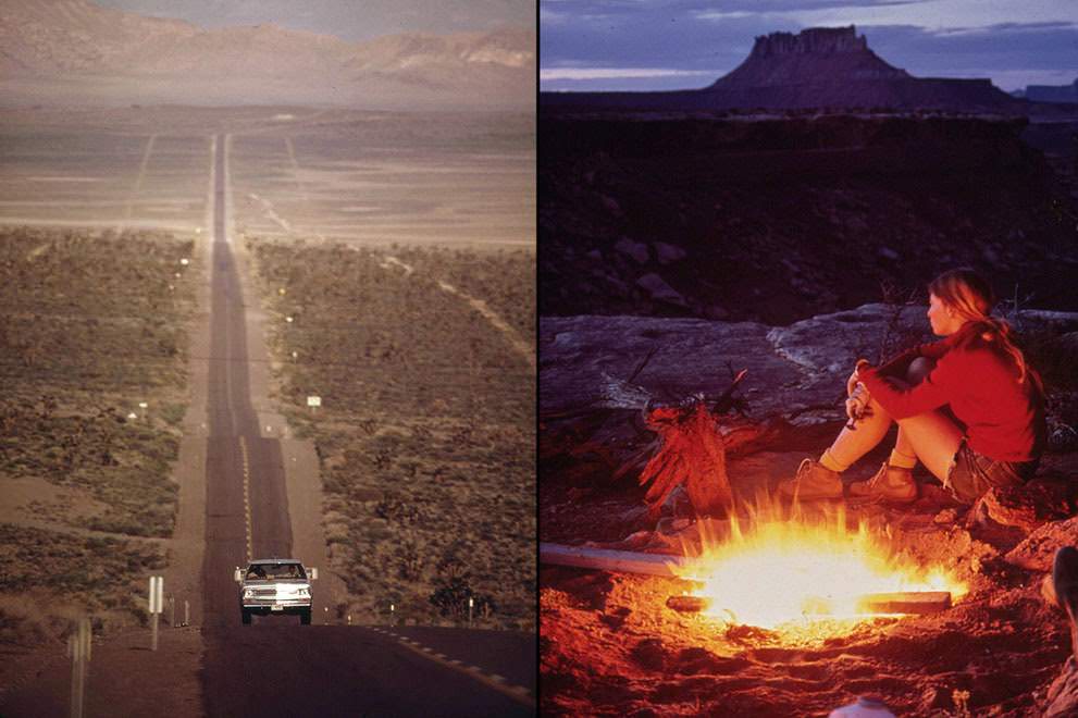 Left: EPA laboratory monitor Frank Reed makes daily collections of water and air samples from an atomic test site area in Nevada; Right: Camping in the Maze, a remote and rugged region in the heart of the Canyonlands, 1972.