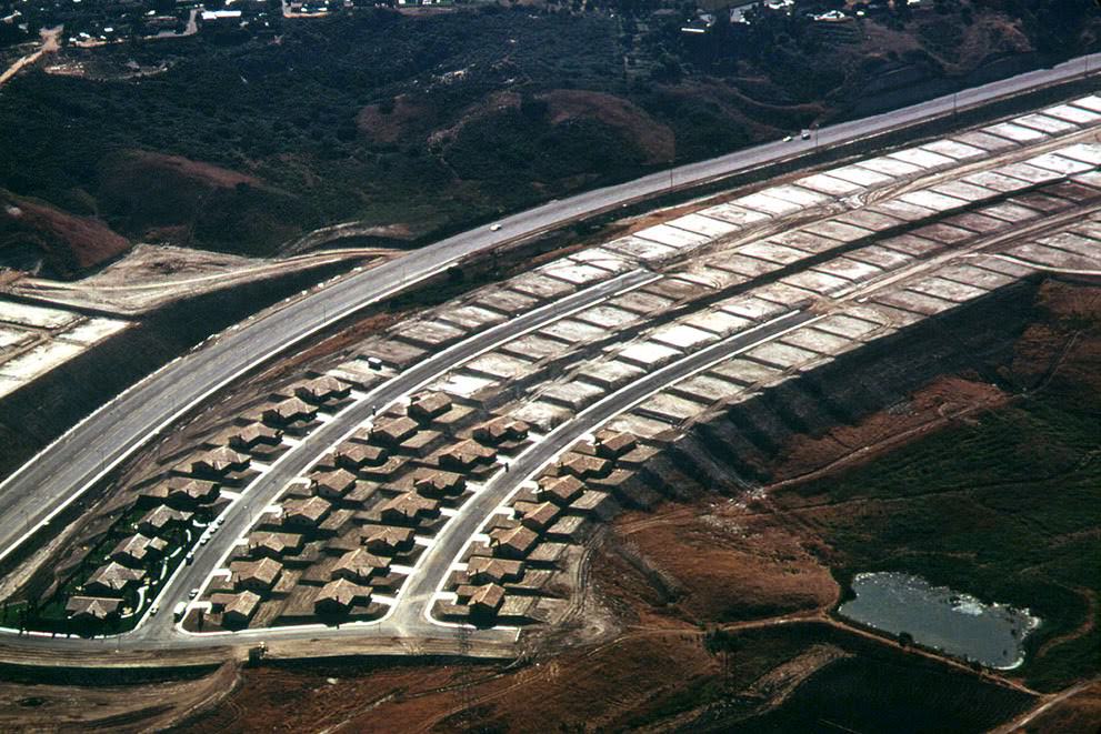 Aerial view of a new housing development in San Diego, California, 1975.