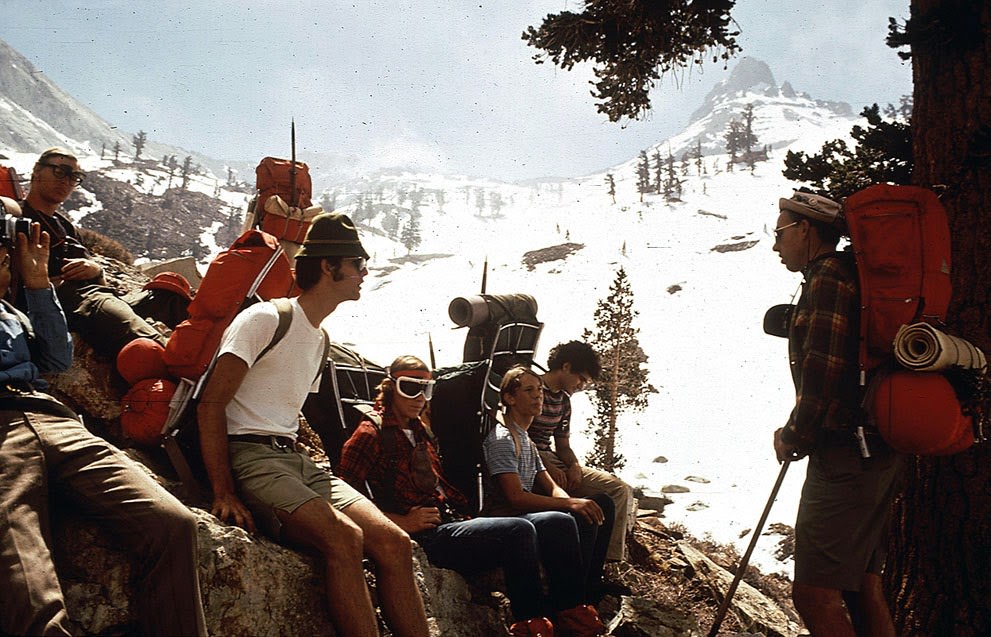 Hikers from Explorer Post 397 of Los Angeles take a break during a hike on Mineral Peak, Nevada, 1972.