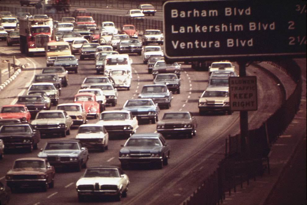 Traffic on the Hollywood Freeway near Ventura Beach, California, 1972.