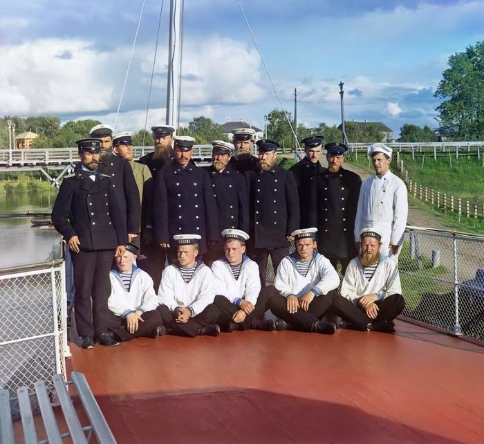 Crew of the steamship "Sheksna" of the M.P.S., Russian Empire, 1909.