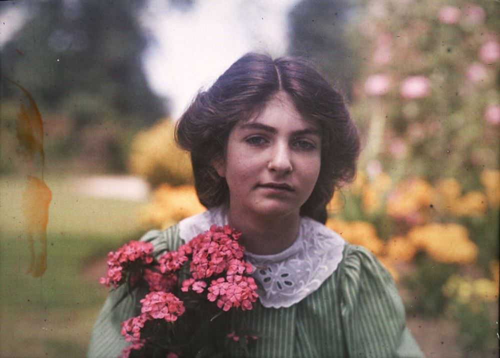 An Autochrome of Etheldreda Janet Laing daughter in a garden, 1908