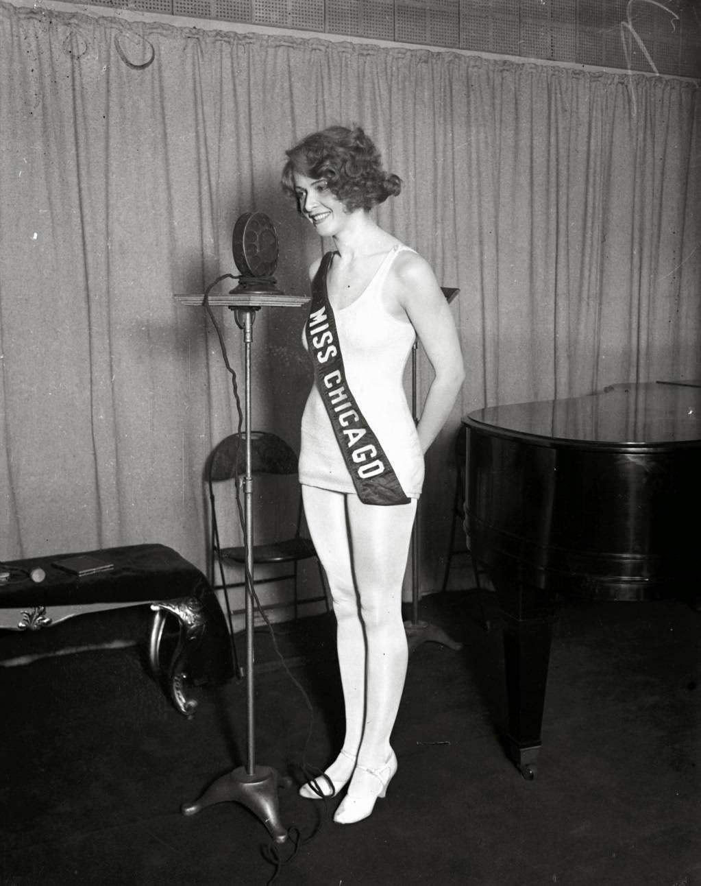 Estelle Kosloff, 20, won the Miss Chicago beauty pageant in 1927 but was disqualified when the pageant found out she was recently married; Myrtle Christine Valsted, 17, was runner up and therefore became Miss Chicago 1927.
