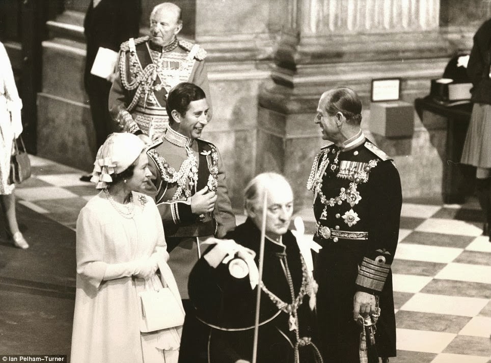 Prince Charles and his father share a joke as they arrive at a service to mark the Queen's silver jubilee in 1977.