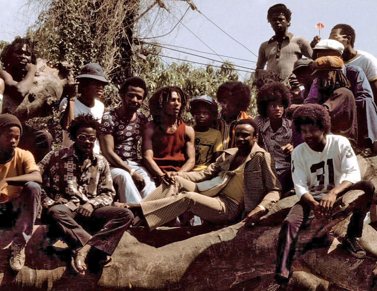 The Jackson 5 and The Wailers hang out on a fallen mango tree at 56 Hope Road with promoter Chester McCullough and some close friends.