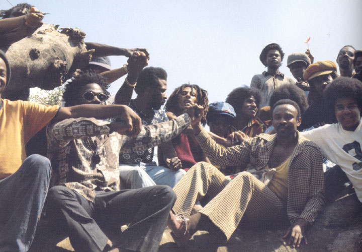 The Jackson 5 and The Wailers hang out on a fallen mango tree at 56 Hope Road with promoter Chester McCullough and some close friends.