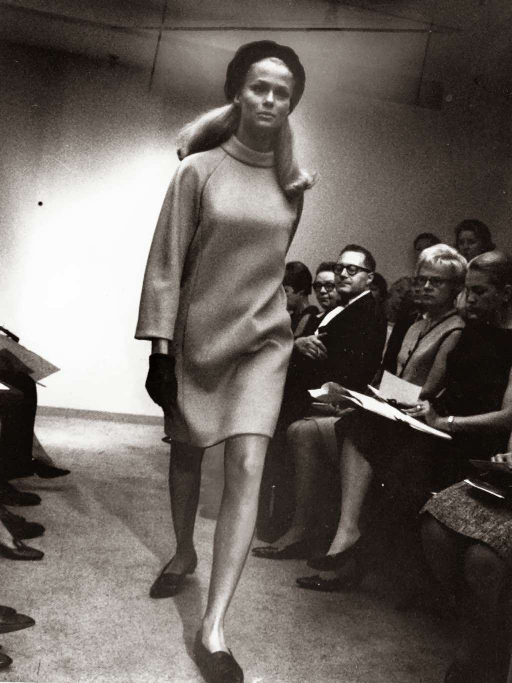 "Tiffeau's sweater dress." On the runway in New York. Recognize Lauren Hutton? — Tribune archive photo, July 7, 1966