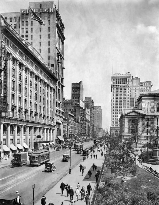 West 42nd Street east from Sixth Avenue, showing Aeolian Hall, New York, 1919.