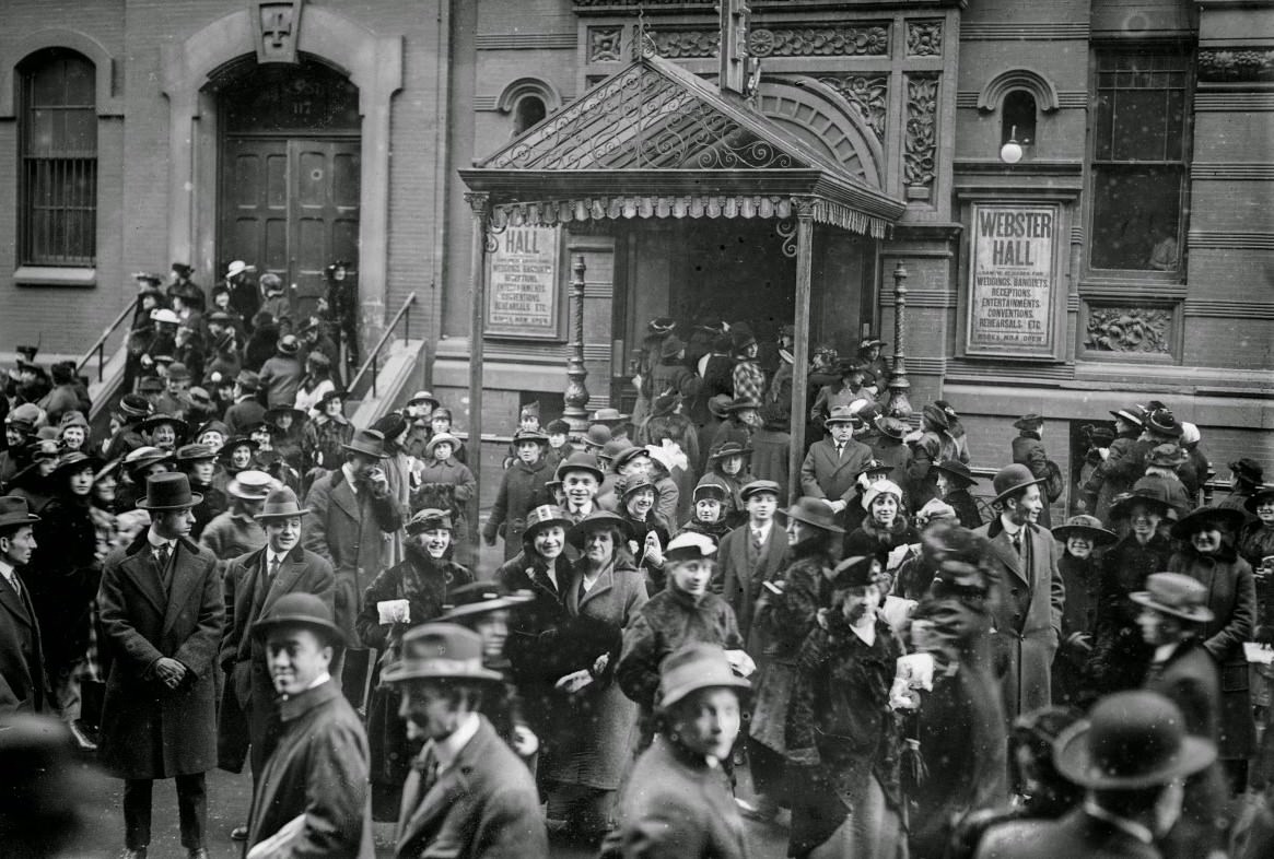 Garment workers protesting outside Webster Hall, 11th Street between 3rd and 4th Avenues, 1915.