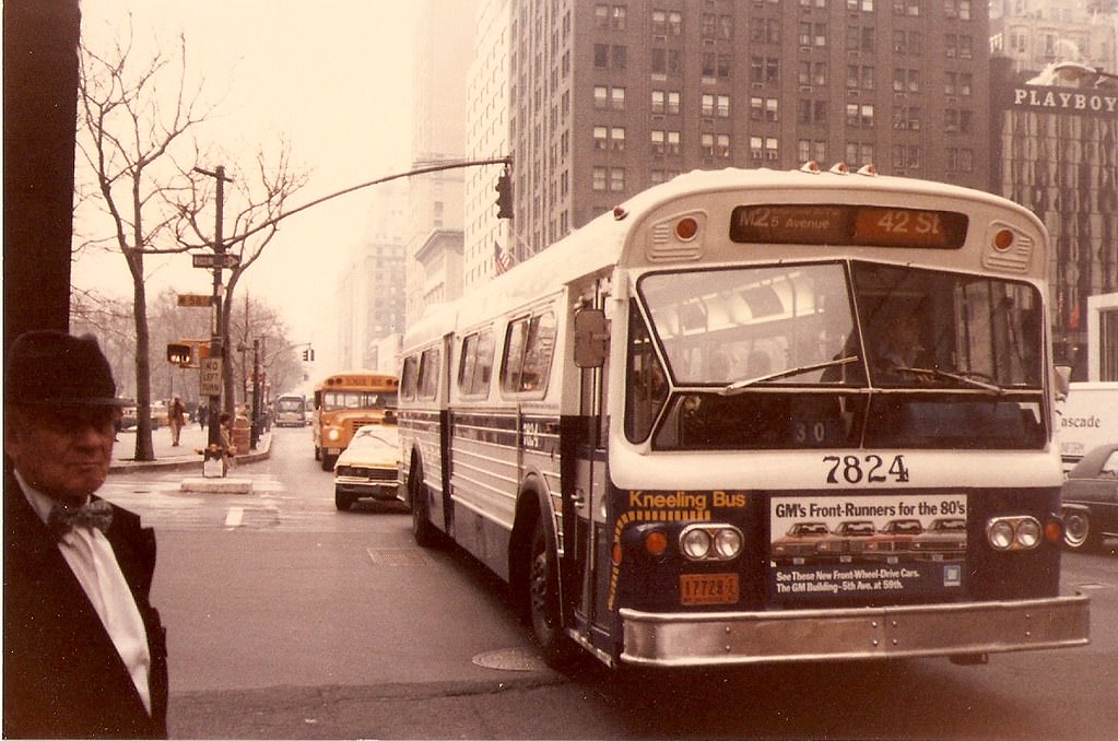 A kneeling bus on Fifth Avenue, 1979.