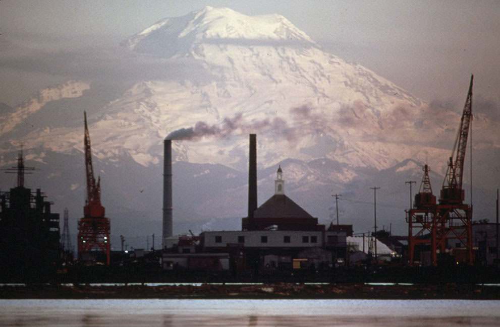 Mount Rainer and Tacoma's industrial waterfront, Washington State, 1973.