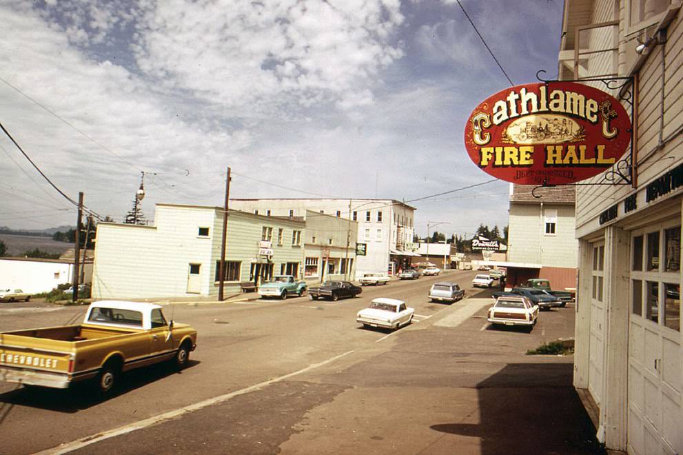 The town of Cathlamet, Washington, on the Columbia River, 1973.