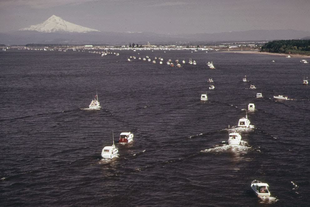 Fishing craft crowd the Columbia River between Vancouver, Washington, and the Dalles, Oregon, 1973.