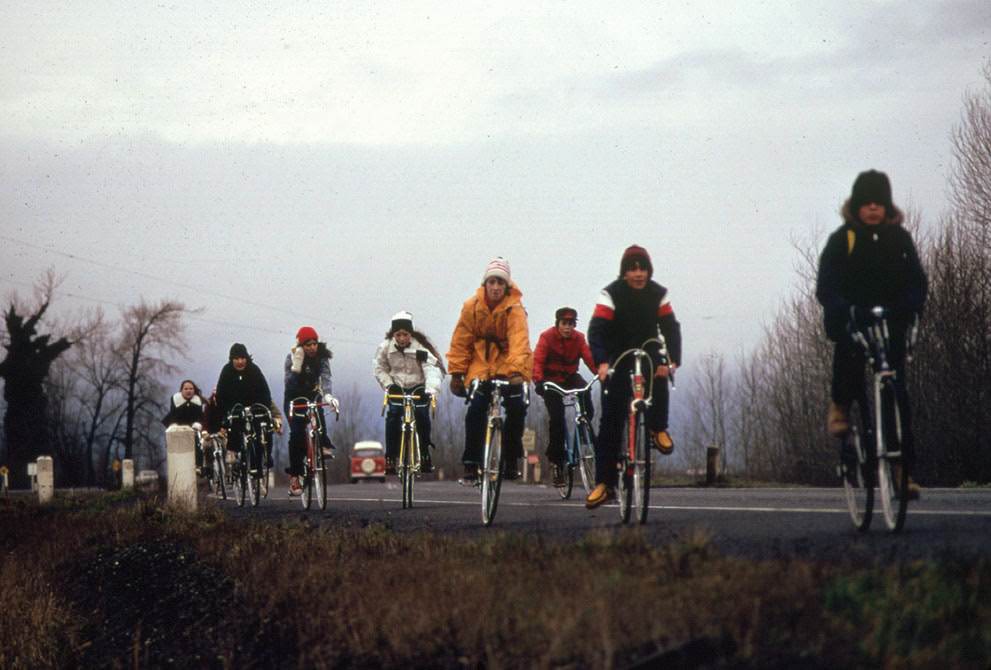 School children were forced to use their bicycles on field trips during the fuel crisis, 1974.