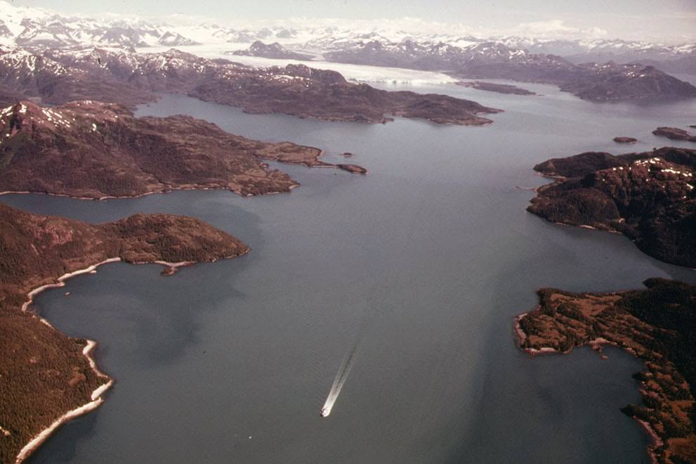 The Alaska Ferry M/V Bartlett, heading west across Prince William Sound, Alaska, 1974.