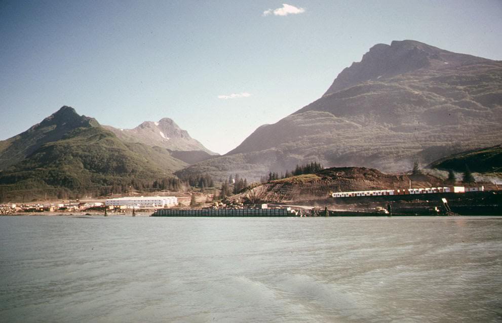A sea level view floating in Valdez Arm, looking southeast toward the terminal site of the Alaska Pipeline Route, 1974.