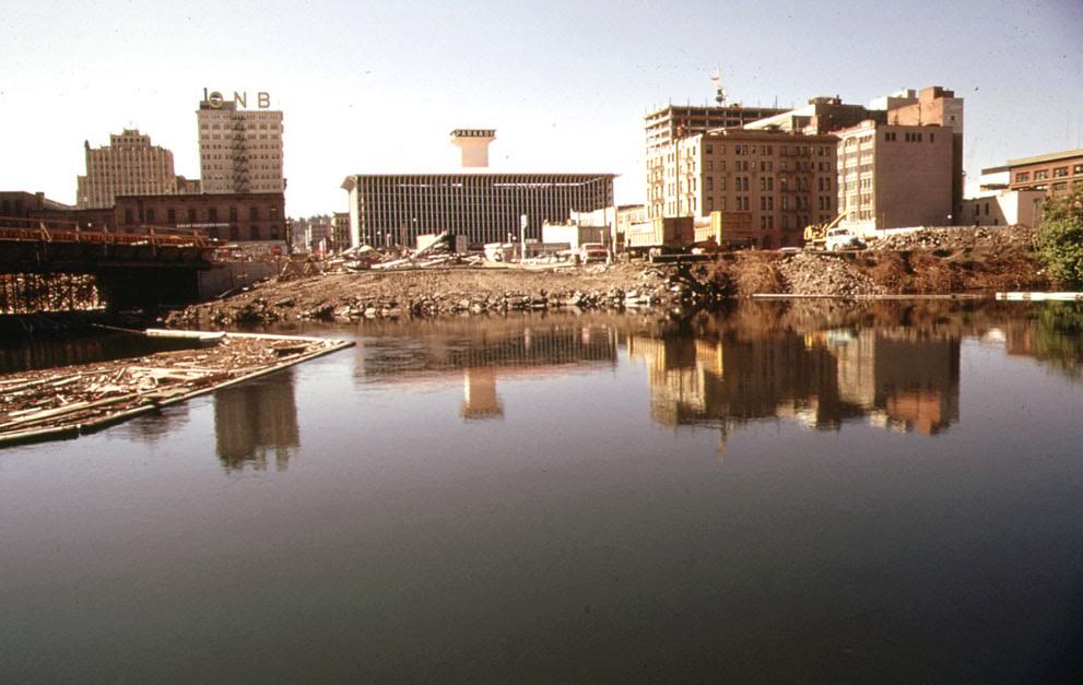 Downtown Spokane, Washington, construction on the future site of Expo '74, on the Spokane River, 1973.