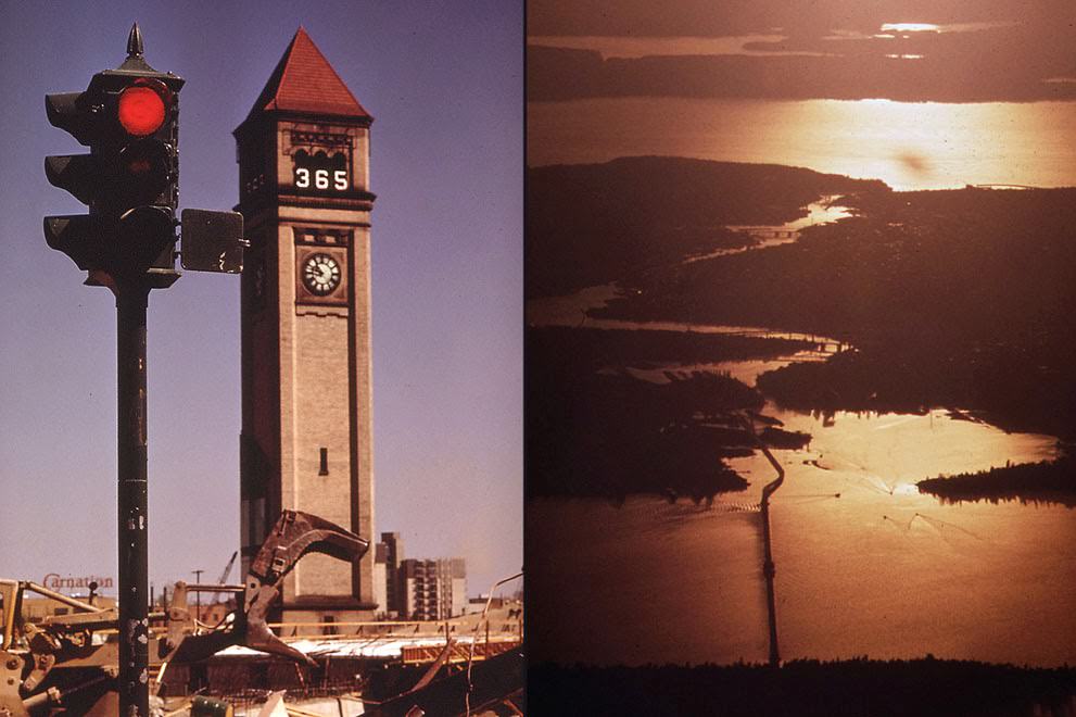 Left: Demolition and clearing in downtown Spokane, Washington, one year before opening day of Expo '74; Right: The Lake Washington Ship Canal system, Seattle, Washington, at sunset, 1973.
