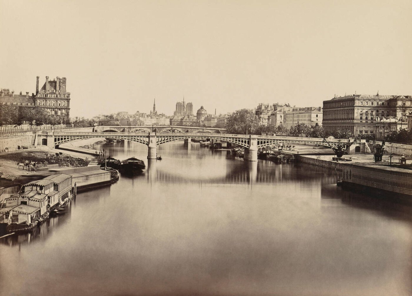 Seine River looking toward Notre Dame, Paris, France, 1860s.