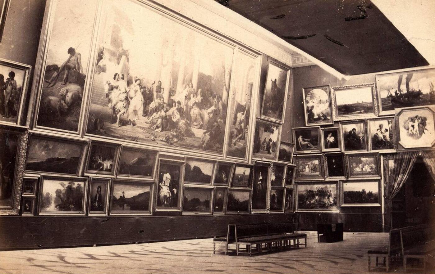 Interior view of a French Painting Gallery at the Exposition Universelle, Paris, France, 1867.