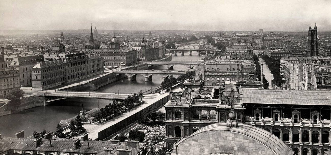 19th century photograph: View of Paris city centre along River Seine, France.