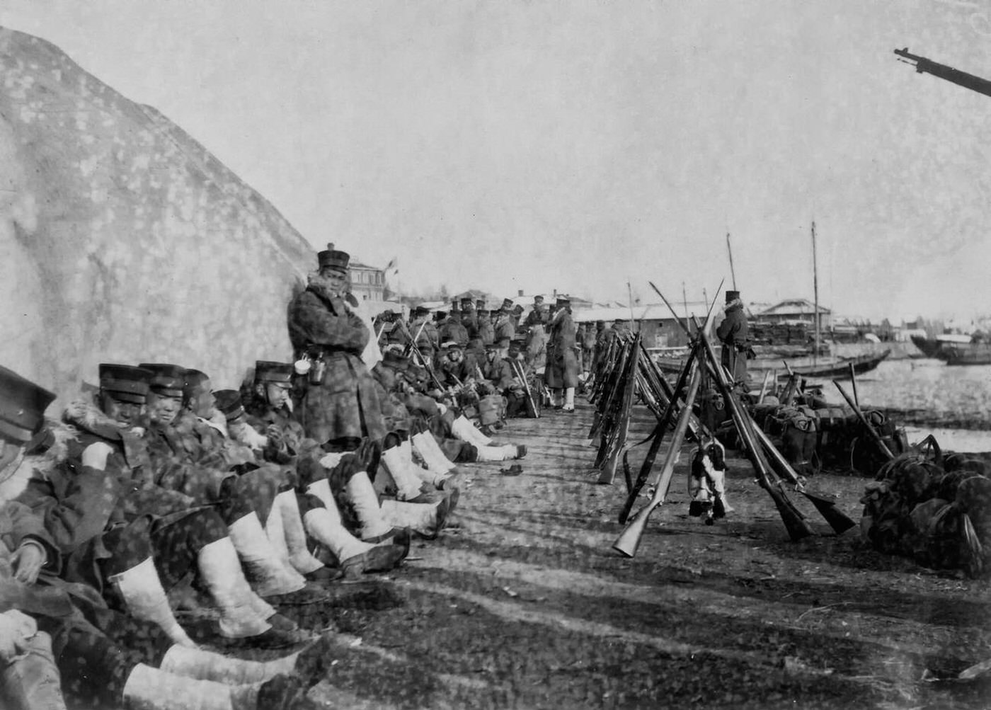 Arrival of Japanese soldiers at Chemulpo, Korea during the Russo-Japanese War, 1904.