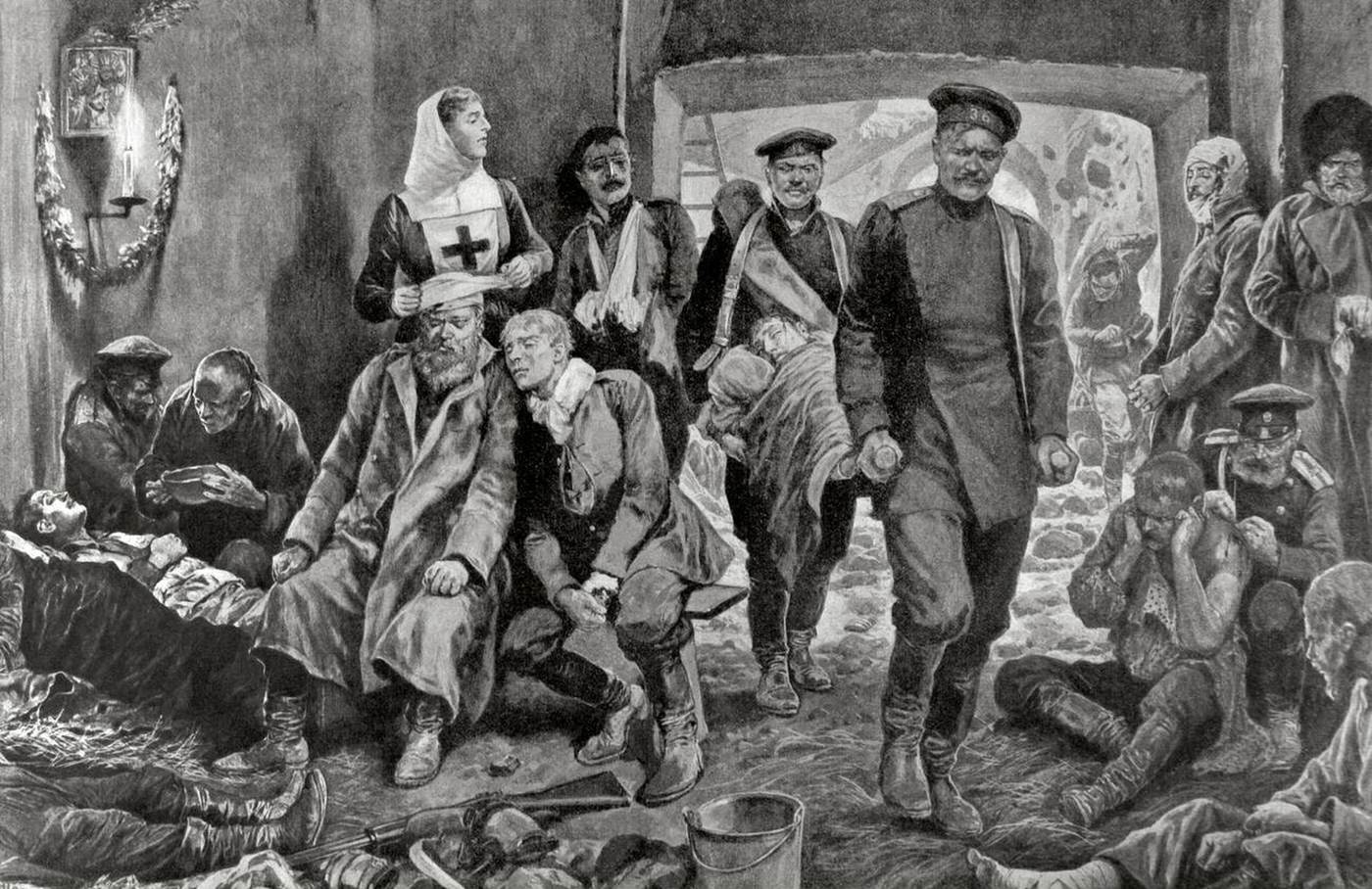 Campaign hospital of the Russian troops in Manchuria with the arrival of a wounded soldier during the Russo-Japanese War, 1900s.