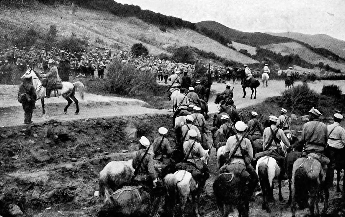 Russian troops massing before a fight on the heights during the Russo-Japanese War.