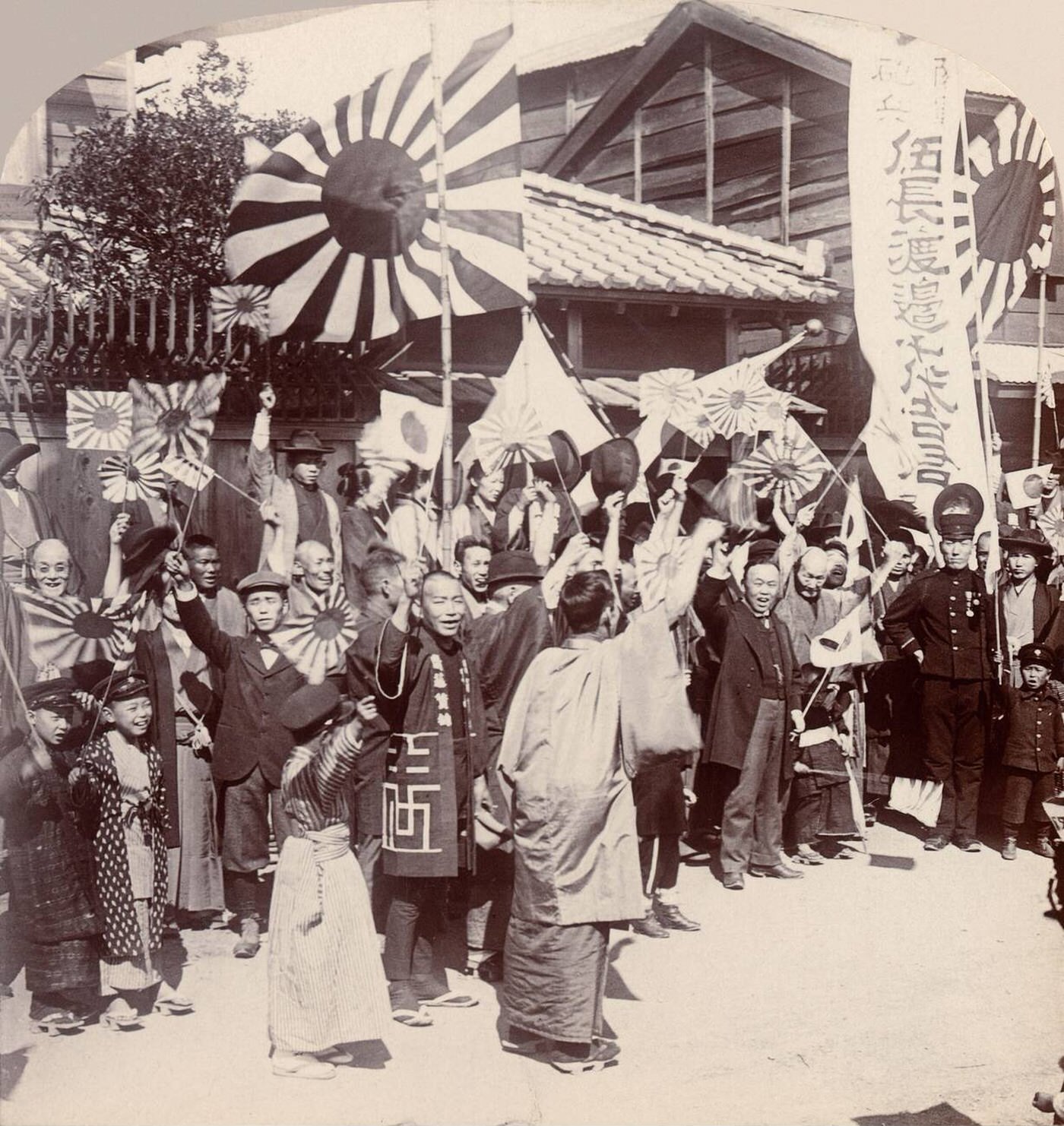 Family and friends saying farewell to a young man going to war during the Russo-Japanese War, 1904.