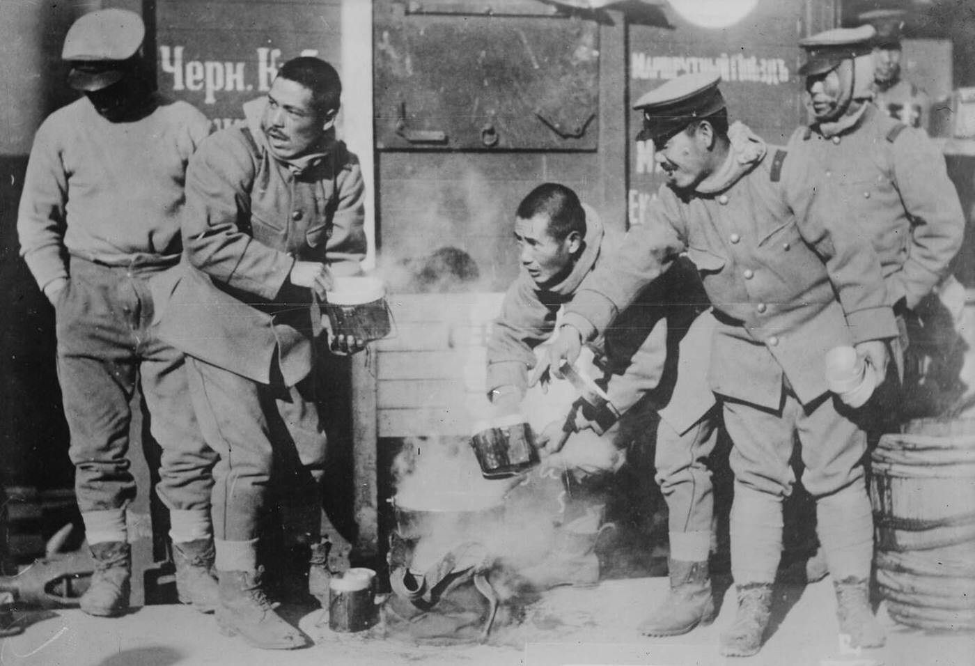 Japanese soldiers at a military canteen in Siberia during the Russo-Japanese War, 1904.