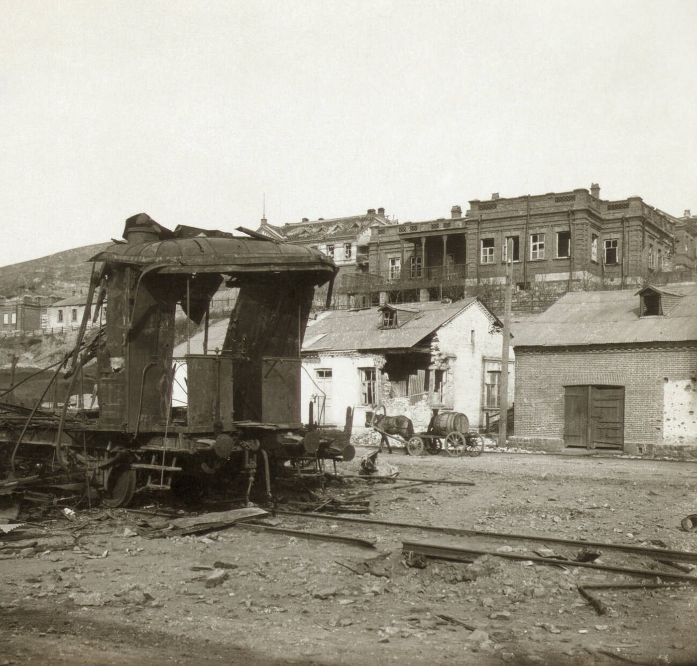 Damage from the bombardment of Japanese shells in Port Arthur, China, 1905.