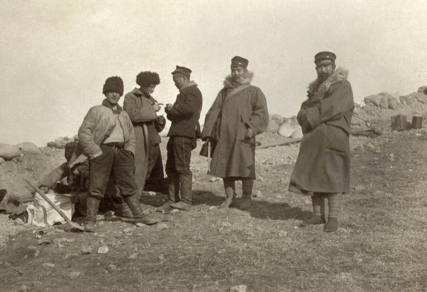 Japanese and Russian soldiers at a fortified position near Port Arthur, China, 1905.