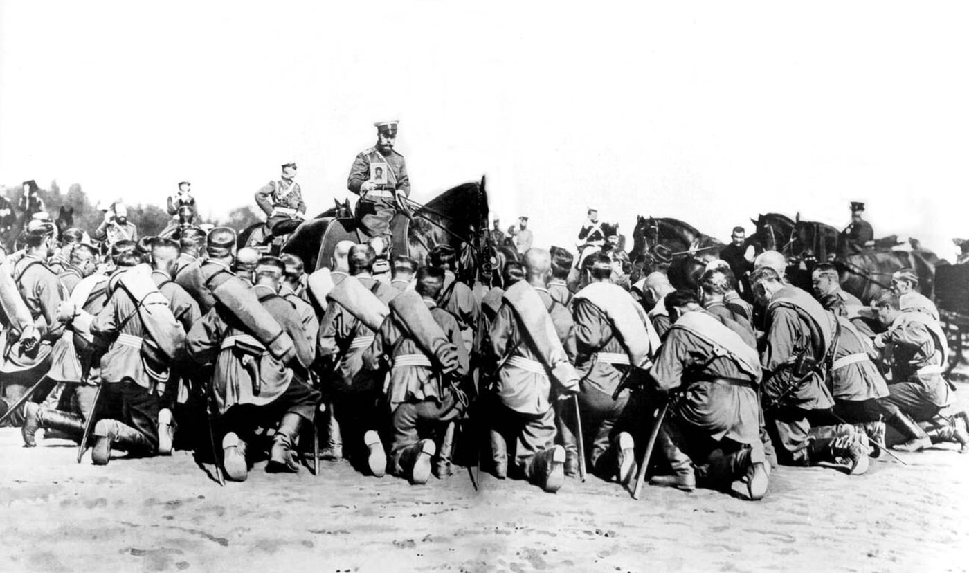 Tsar Nicholas II blessing a regiment leaving for the Russo-Japanese War, 1904.