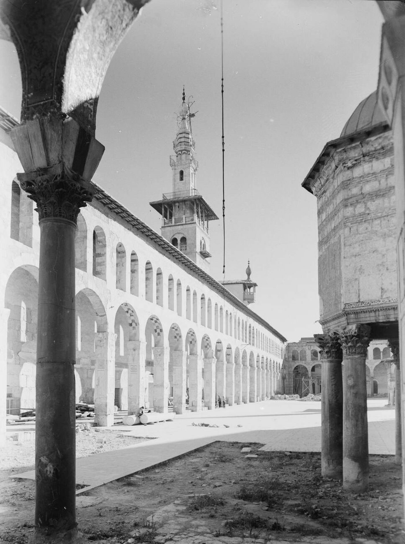 The north colonnade and minaret of the Ommayad Mosque in Damascus, 1940s.