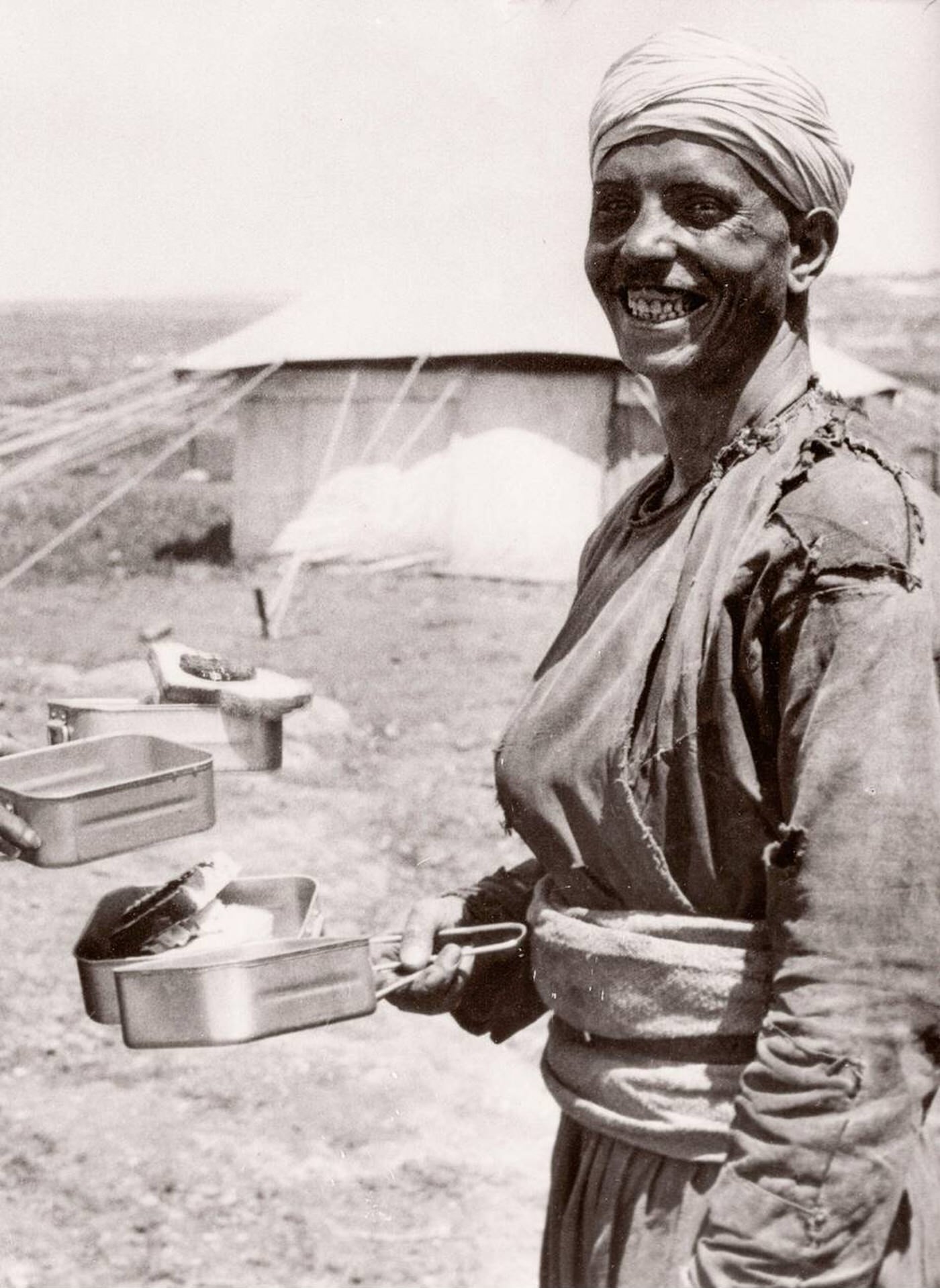 British army recruit with rations in Aleppo, Syria, 1943.