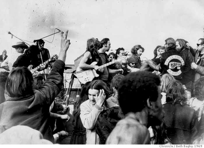 Hells Angels onstage at the Altamont free concert in Livermore, 1969.