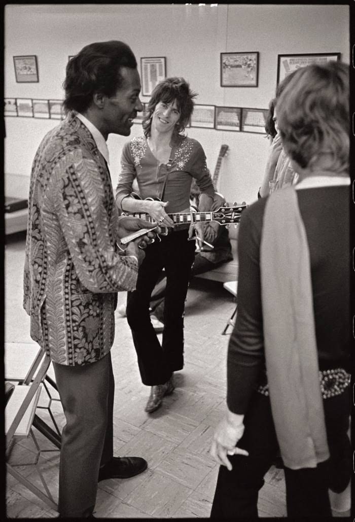 Mick Jagger & Keith Richards of the Rolling Stones with Chuck Berry backstage, 1969.