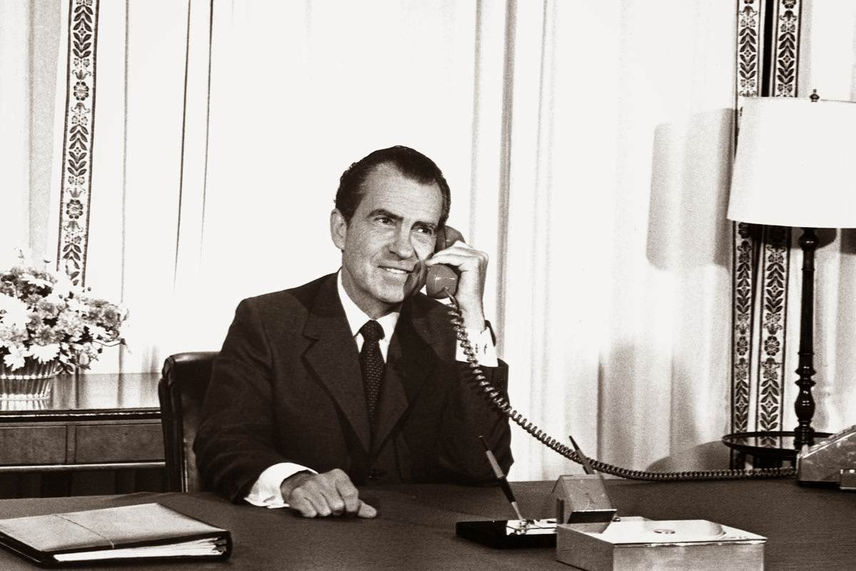 President Richard Nixon speaks to astronauts on the Moon, 1969.
