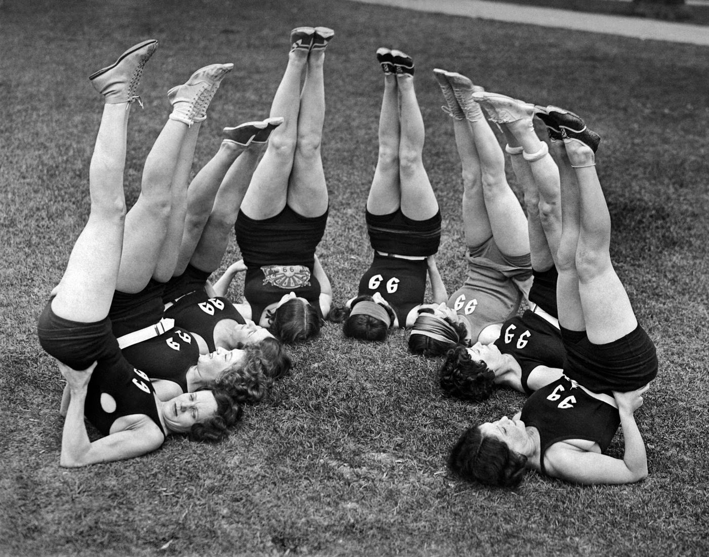 Members of the "Elkettes," wives of Elk members in Los Angeles, do their daily exercises, 1927.