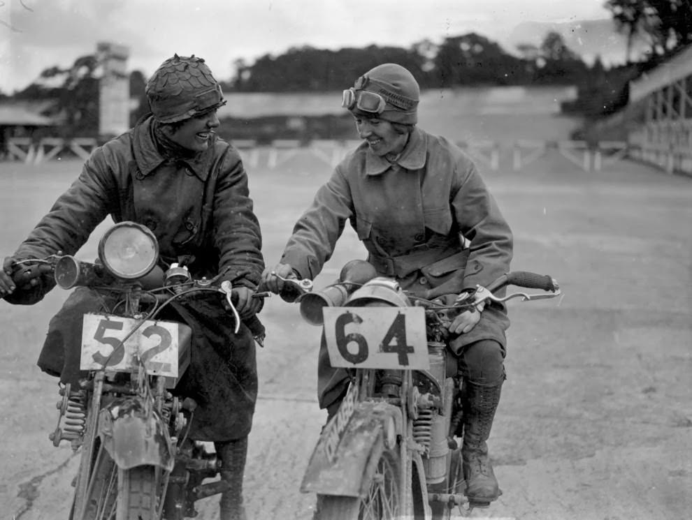 Miss E. Foley and Miss L. Ball, entrants in the International Six Days Reliability Trials, at Brooklands race track in England, 1925.