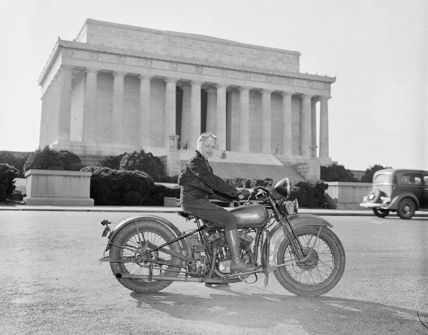 Sally Halterman, the first woman to be granted a license to operate a motorcycle in the District of Columbia, 1937.
