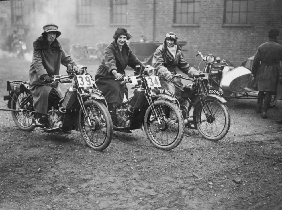 Three women riding motorbikes at the ACU Trials in Birmingham, England, 1923.