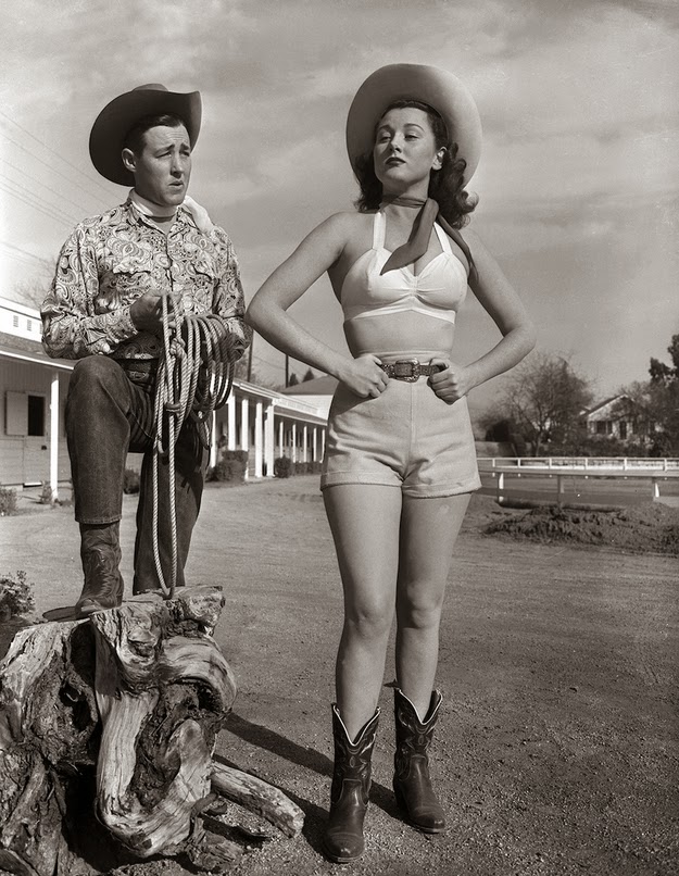 Actors Wayne Burson and Wendy Waldron pose on set, 1949.