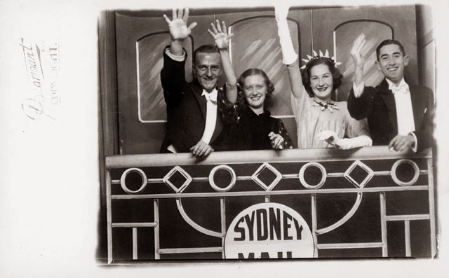 Foursome waving goodbye from the 'Sydney Mail train' at the Trocadero, ca. 1935