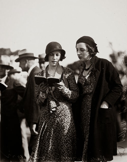 Mrs R Harvey and Miss A Waller picking a winner at Albion Park races Brisbane October 1932
