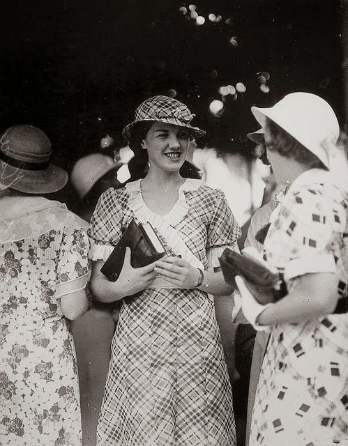 Wearing a matching hat and dress, Miss J. Norris attended the Ascot Races, Brisbane, 1933